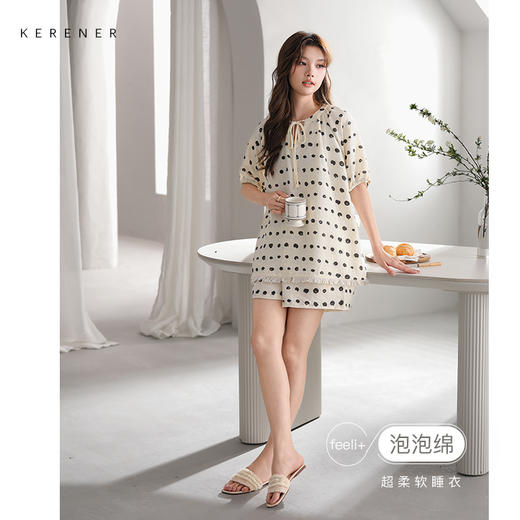 可人儿小众设计师新款泡泡绵夏季女短袖睡衣时尚可外出家居服套装 商品图0