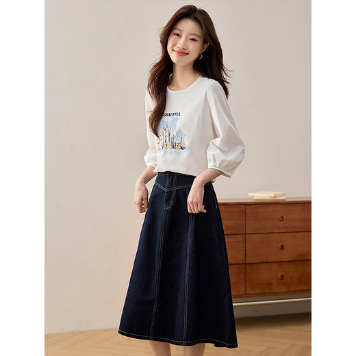 【年终特卖】熙世界灯笼七分袖印花T恤女春2025新款时尚减龄中袖天丝体恤上衣 商品图4