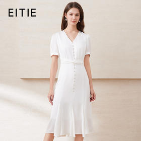 EITIE爱特爱温柔白色V领显瘦垂坠荷叶边显瘦连衣裙2025夏季新款B2507602