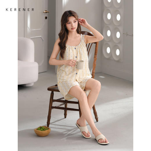 可人儿小众设计师新款泡泡绵夏季女士吊带睡衣时尚可外出家居服 商品图2