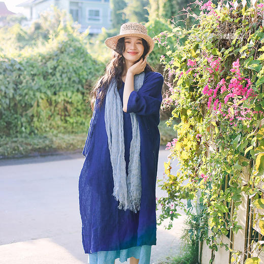 绽放098朵/蓝色多瑙河连衣裙进口微皱色织亚麻落肩袍子七分袖裙子 商品图3