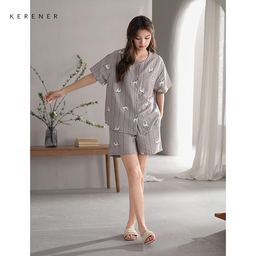 可人儿小众设计师新款泡泡绵夏女士短袖睡衣时尚可外出家居服套装 商品图3