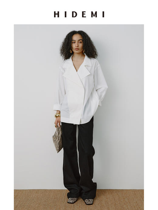 HIDEMI【当当同款】甄选长绒棉不易皱白色极简设计感不对称大翻领外套式衬衫 商品图4