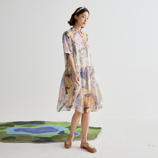 谜底连衣裙短袖女2025夏季新品复古风度假丝麻H型中长裙252ML0553 商品图1
