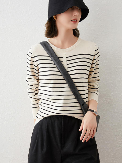 法式极简春季『赫本圆领针织衫』  圆领不挑人 修饰颈部线条 舒适亲肤条纹长袖打底针织衫秋冬新款毛衣短款清新宽松休闲内搭外穿毛衫女 商品图5