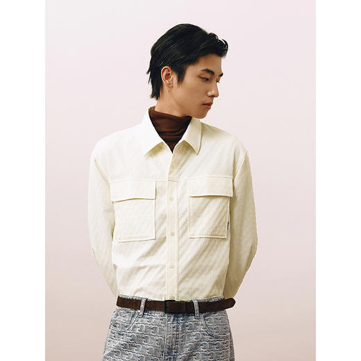 GXG男装 双色泡泡纱口袋设计简约休闲宽松翻领长袖衬衫25春热卖 商品图2