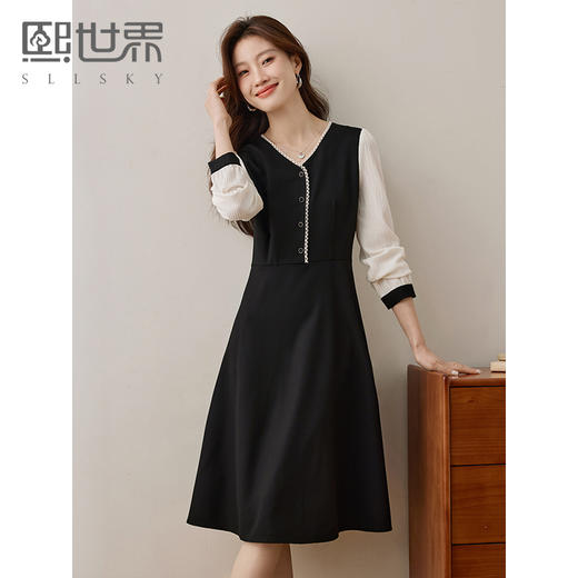 【专属特价】熙世界法式优雅长袖拼接连衣裙女假两件花边V领裙子2025春装新款 商品图0