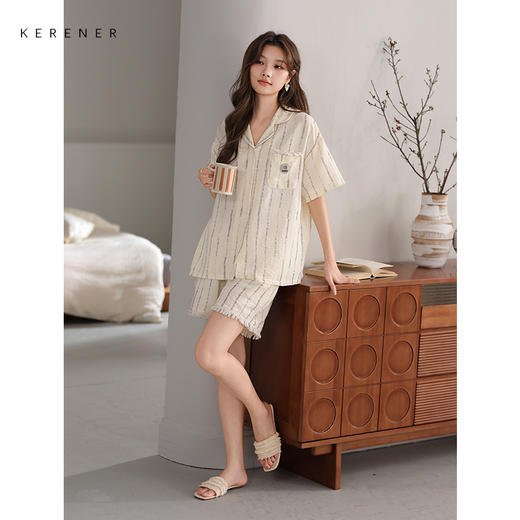 可人儿小众设计师新款泡泡绵夏季女士短袖睡衣时尚可外出家居服 商品图2