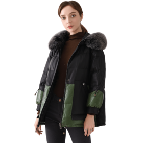 6912701076601 FIVE PLUS  新款真皮羽绒服女中长款时尚撞色狐狸毛连帽绵羊皮宽松皮衣外套
