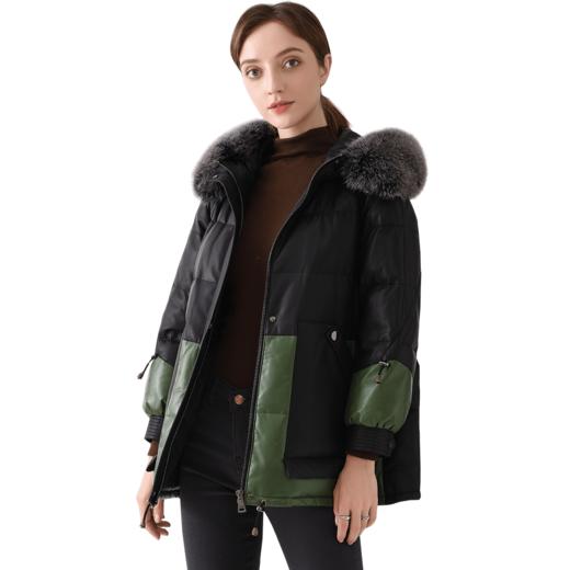 6912701076601 FIVE PLUS  新款真皮羽绒服女中长款时尚撞色狐狸毛连帽绵羊皮宽松皮衣外套 商品图0