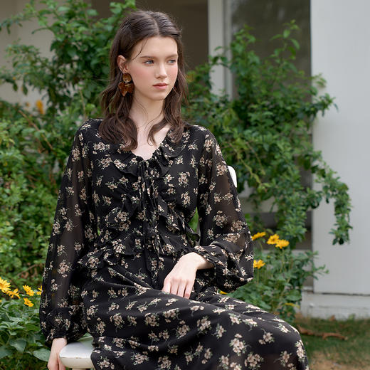 西遇法式薄纱碎花连衣裙女新款a字收腰v领长袖长裙D0050473 商品图2