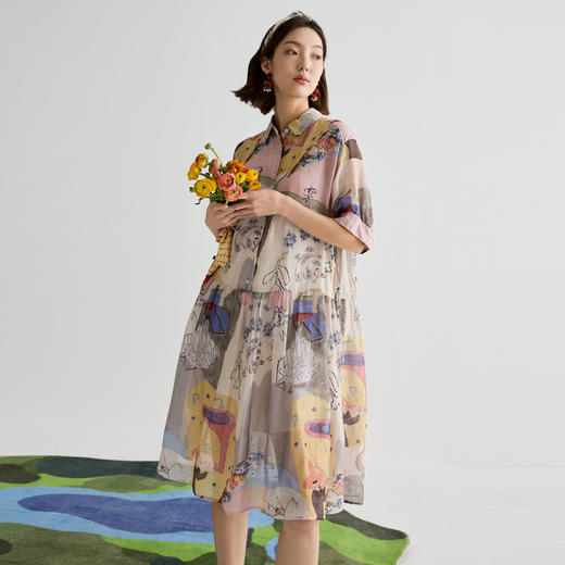 谜底连衣裙短袖女2025夏季新品复古风度假丝麻H型中长裙252ML0553 商品图0