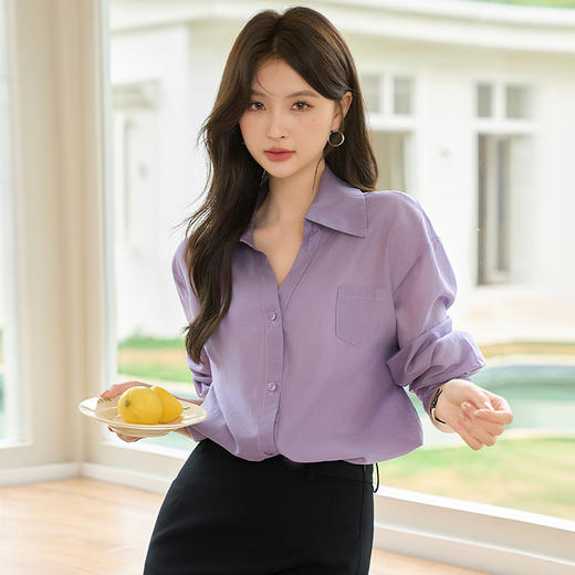 西遇宽松轻职场衬衫女新款法式紫色上衣慵懒风翻领外套D0050461 商品图4