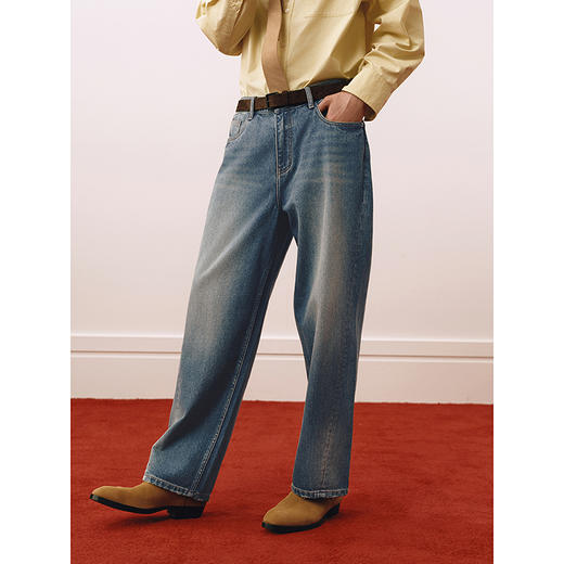 GXG男装 复古蓝直筒牛仔裤分割设计长裤宽松通勤裤 2025春季热卖 商品图2