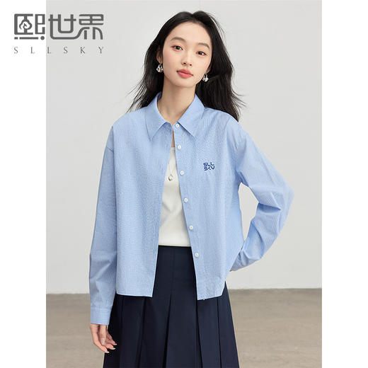 【专属特价】熙世界休闲宽松格纹衬衫女长袖2025年春季新款设计感LOGO刺绣上衣 商品图0