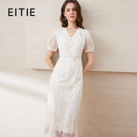 EITIE爱特爱精致绣花蕾丝V领修身显瘦氛围感连衣裙夏季新款B2507604