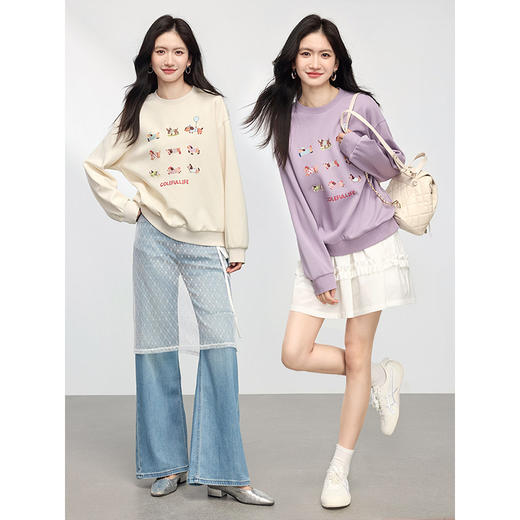 【年终特卖】熙世界腊肠狗印花卫衣女春季2025新款设计感宽松套头休闲圆领上衣 商品图2