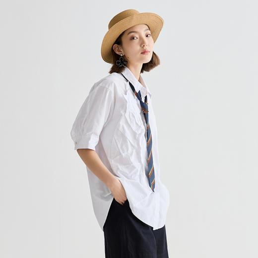 谜底衬衫短袖女2025夏新品通勤立体褶皱草莓大廓形衬衣252MC0676 商品图1