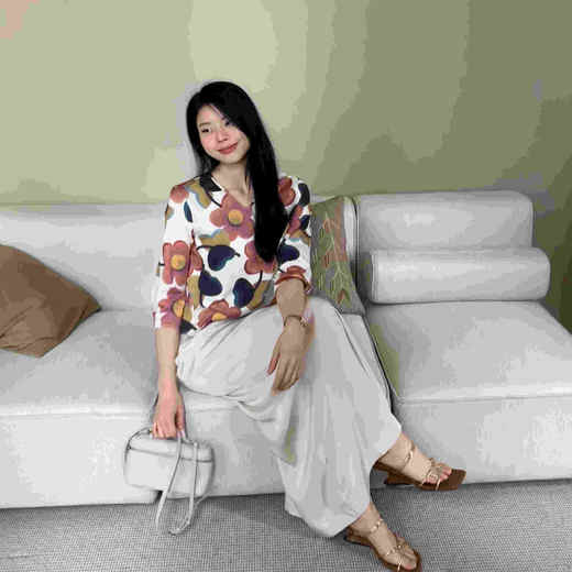 顺丰包邮洛诗琳15937夏季新款气质七分袖宽松后绑带印花上衣0767 商品图3