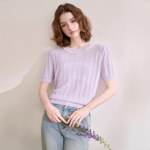 西遇薄款短袖毛衣女新款珍珠领坑条紫色圆领短款针织衫D0050385 商品图3