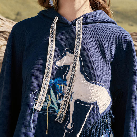 两三事梵高（上衣）白驹空谷 秋新款刺绣流苏不对称下摆卫衣 商品图2