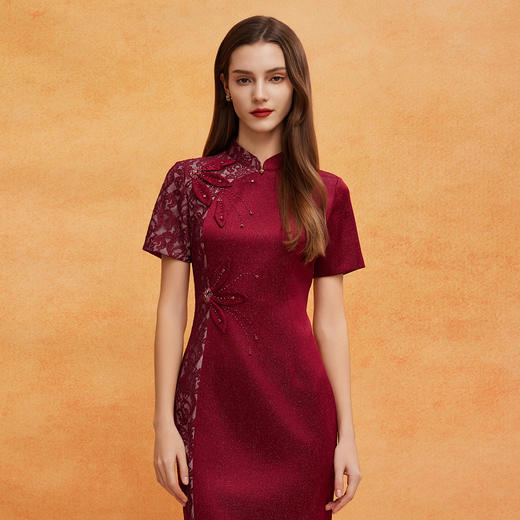 QF805斯尔丽2025新款喜妈妈商场同款宴会改良拼接蕾丝旗袍烫钻连衣裙 商品图4