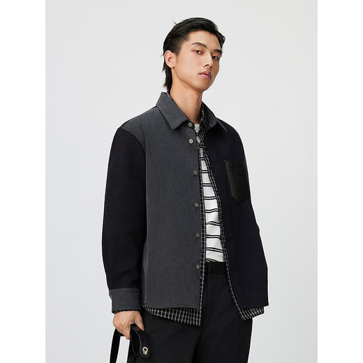 GXG男装 黑灰色拼色口袋设计潮流时尚宽松牛仔衬衫外套 25春热卖 商品图2