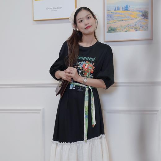 两三事一路繁花莫奈花园风宽松百搭休闲黑色复古圆领印花连衣裙 商品图1