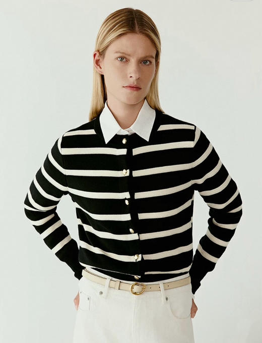 小禾同款2025春黑白条纹针织开衫 商品图0