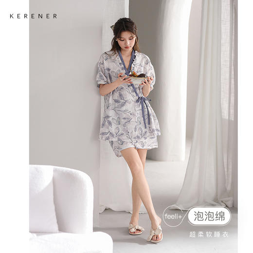 可人儿小众设计师新款泡泡绵夏季女士短袖睡衣时尚可外出家居服 商品图0