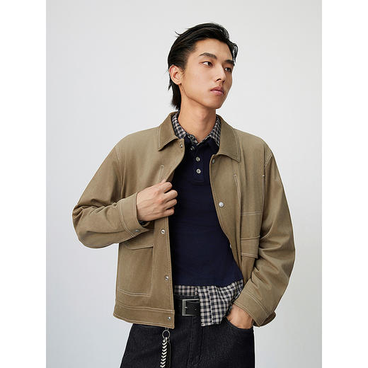 GXG男装 仿麂皮卡其色明线四合扣通勤翻领夹克外套 25年春热卖 商品图2