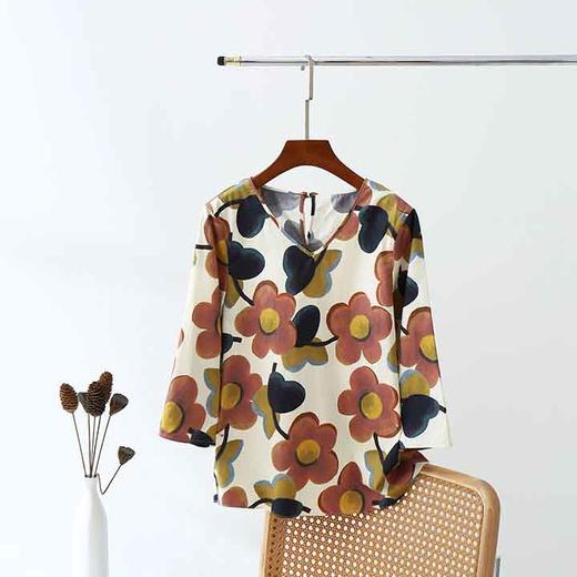 顺丰包邮洛诗琳15937夏季新款气质七分袖宽松后绑带印花上衣0767 商品图4