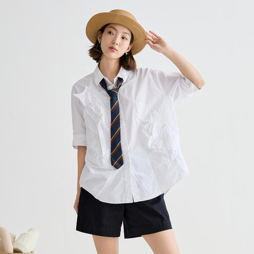 谜底衬衫短袖女2025夏新品通勤立体褶皱草莓大廓形衬衣252MC0676 商品图0