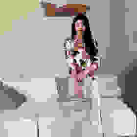 顺丰包邮洛诗琳15937夏季新款气质七分袖宽松后绑带印花上衣0767