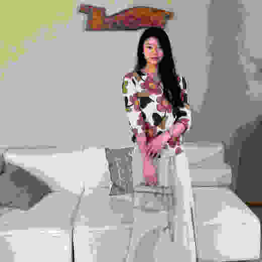 顺丰包邮洛诗琳15937夏季新款气质七分袖宽松后绑带印花上衣0767 商品图0