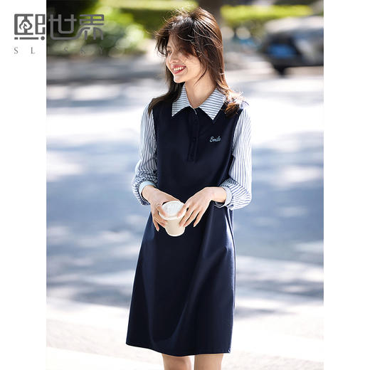 【五折购】熙世界假两件条纹衬衫领连衣裙女学院风长袖直筒裙子2025春秋新款 商品图0