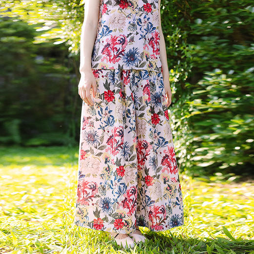 绽放旅行女装118朵/苎麻印花全腰松紧内加抽绳复古风透气阔腿裙裤 商品图0