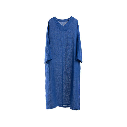 绽放098朵/蓝色多瑙河连衣裙进口微皱色织亚麻落肩袍子七分袖裙子 商品图4