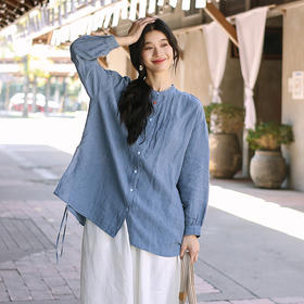 绽放093朵/蓝鲸衬衫高端酵磨洗色织亚麻细塔克侧开衩中长款上衣