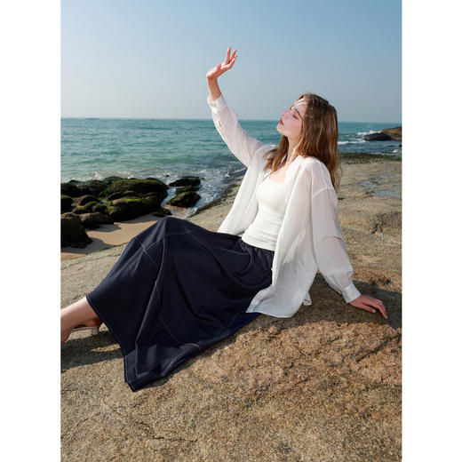 三彩2025春季新款仿牛仔半身裙大摆A字裙伞摆复古长裙显瘦M 商品图3