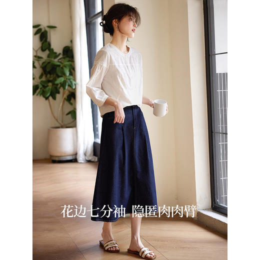 【专属特价】熙世界法式七分袖白衬衫女2025春日新款宽松洋气纯棉衬衣圆领上衣 商品图2