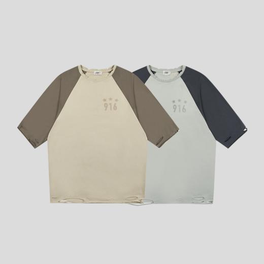 GOODBAI 916 星星logo印花同色系撞色插肩袖破坏中袖T恤 商品图1