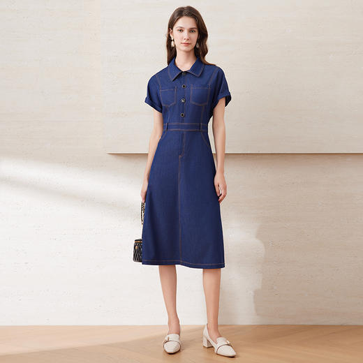 EITIE爱特爱气质复古翻领连肩袖通勤显瘦牛仔连衣裙2025夏季新款B2507640 商品图3