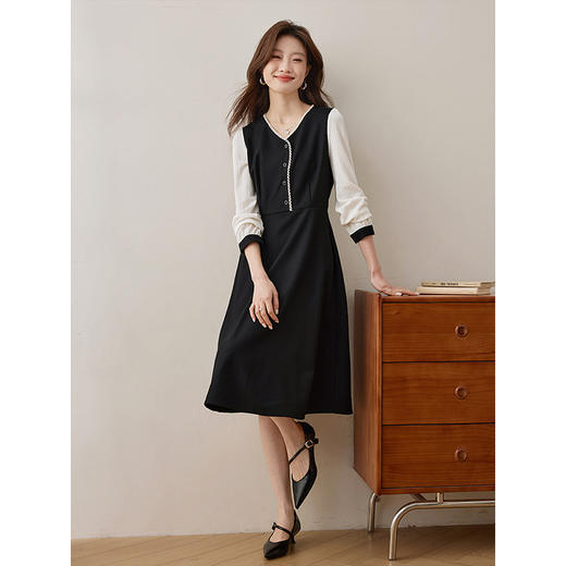 【专属特价】熙世界法式优雅长袖拼接连衣裙女假两件花边V领裙子2025春装新款 商品图4