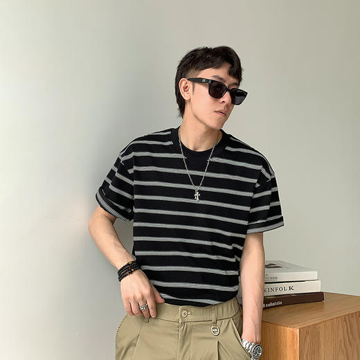 徐太浪210g撞色条纹短袖T恤男2025新款夏季宽松休闲半袖体恤上衣 商品图0
