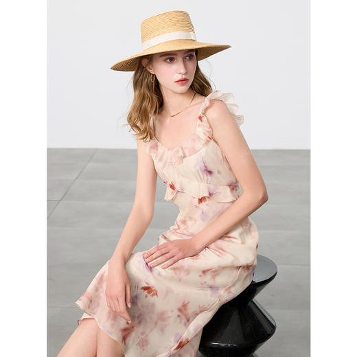 三彩2025春季新款晕染印花连衣裙飞飞袖方领收腰A字裙长裙M 商品图2