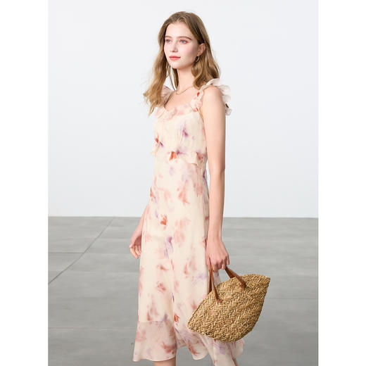 三彩2025春季新款晕染印花连衣裙飞飞袖方领收腰A字裙长裙M 商品图3