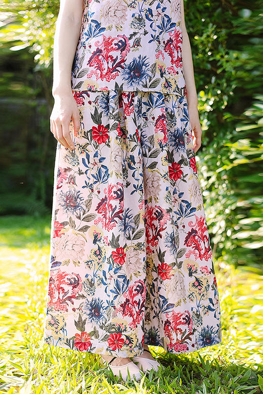 绽放旅行女装118朵/苎麻印花全腰松紧内加抽绳复古风透气阔腿裙裤 商品图5