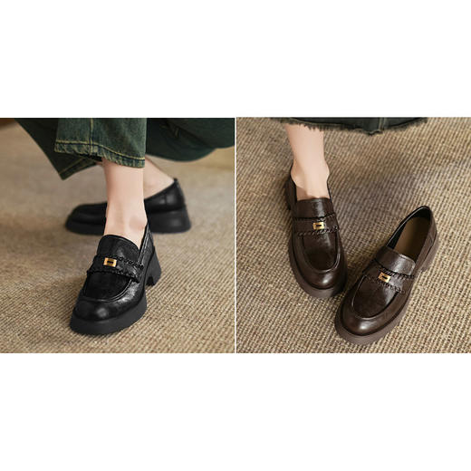 手工女鞋真皮复古英伦风粗跟乐福鞋2025新款深口圆头单鞋5CM 商品图0