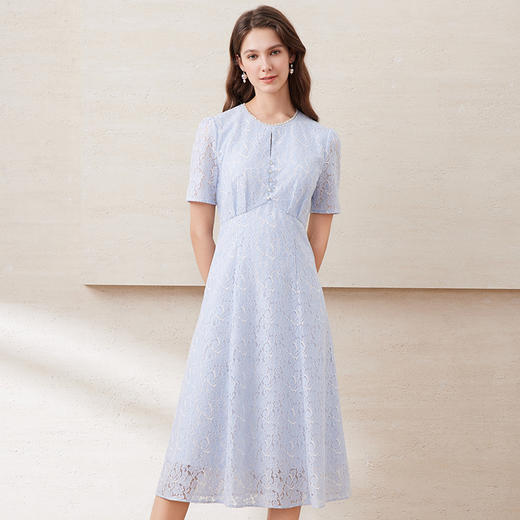 EITIE爱特爱浅蓝色丝绒绣花重工蕾丝收腰显瘦连衣裙2025夏季新款B2507630 商品图2